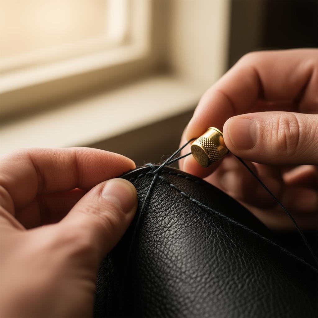 Artisan stitching leather by hand